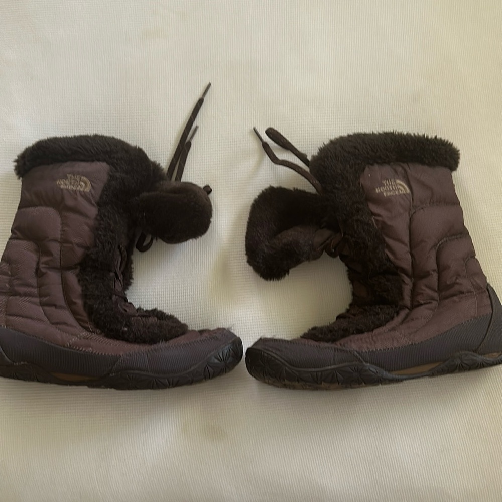 The North Face Nuptse Faux Fur Lace Up Boots. Brown